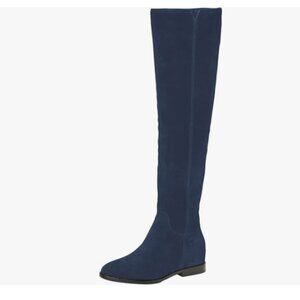 Blue Women Almond Toe Knee High Boot with Partial Zipper Stretchy Warm Long Boot